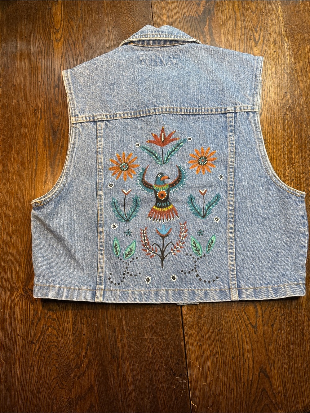 Relove Pelican Cove vintage Denim Vest with Floral & Bird Motif